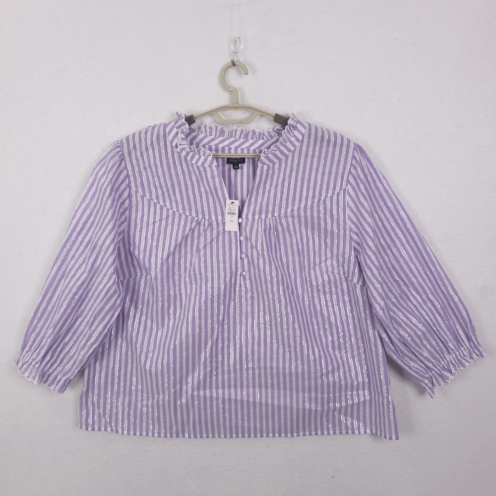 Talbots Blouse Womens 3X Purple Striped Metallic Ruffle Plus Size Top